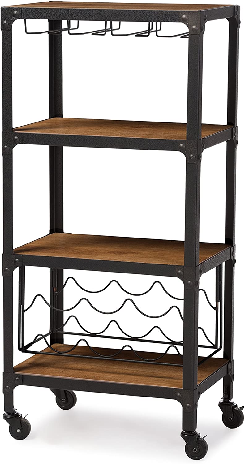 Baxton Studio Swanson Rustic Industrial Style Antique Textured Metal Distressed Wood Mobile Kitchen Bar Wine Storage Shelf, Black (YLX-9033)