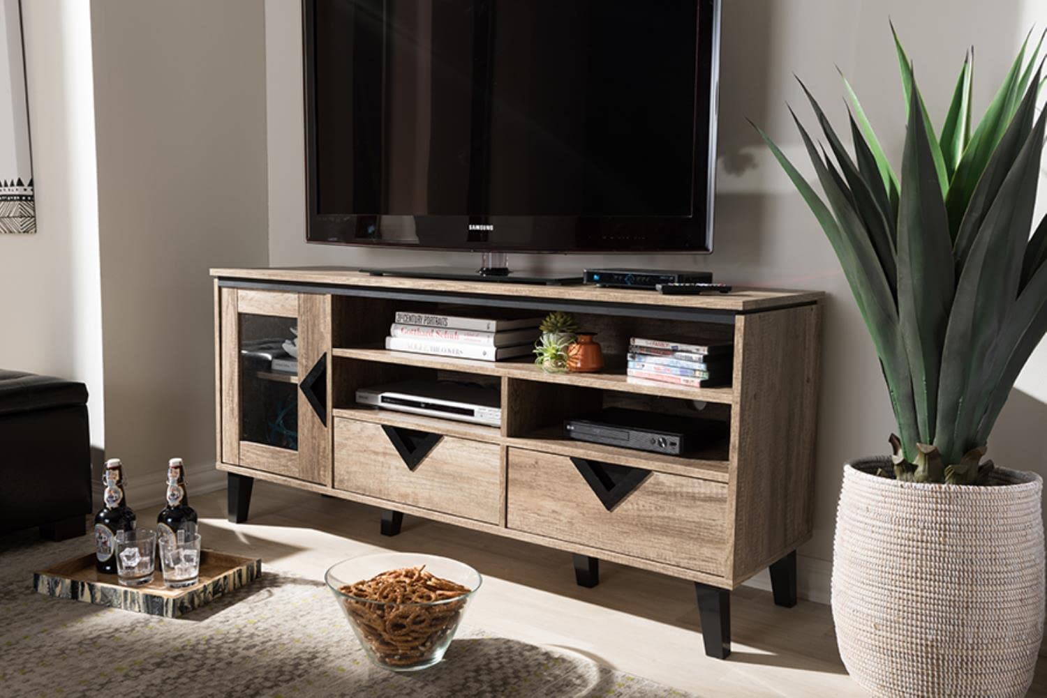 Baxton Studio Cardiff TV Stand Contemporary/Light Brown/Particle Board with PU Paper/Plastic (Handles and Legs)/