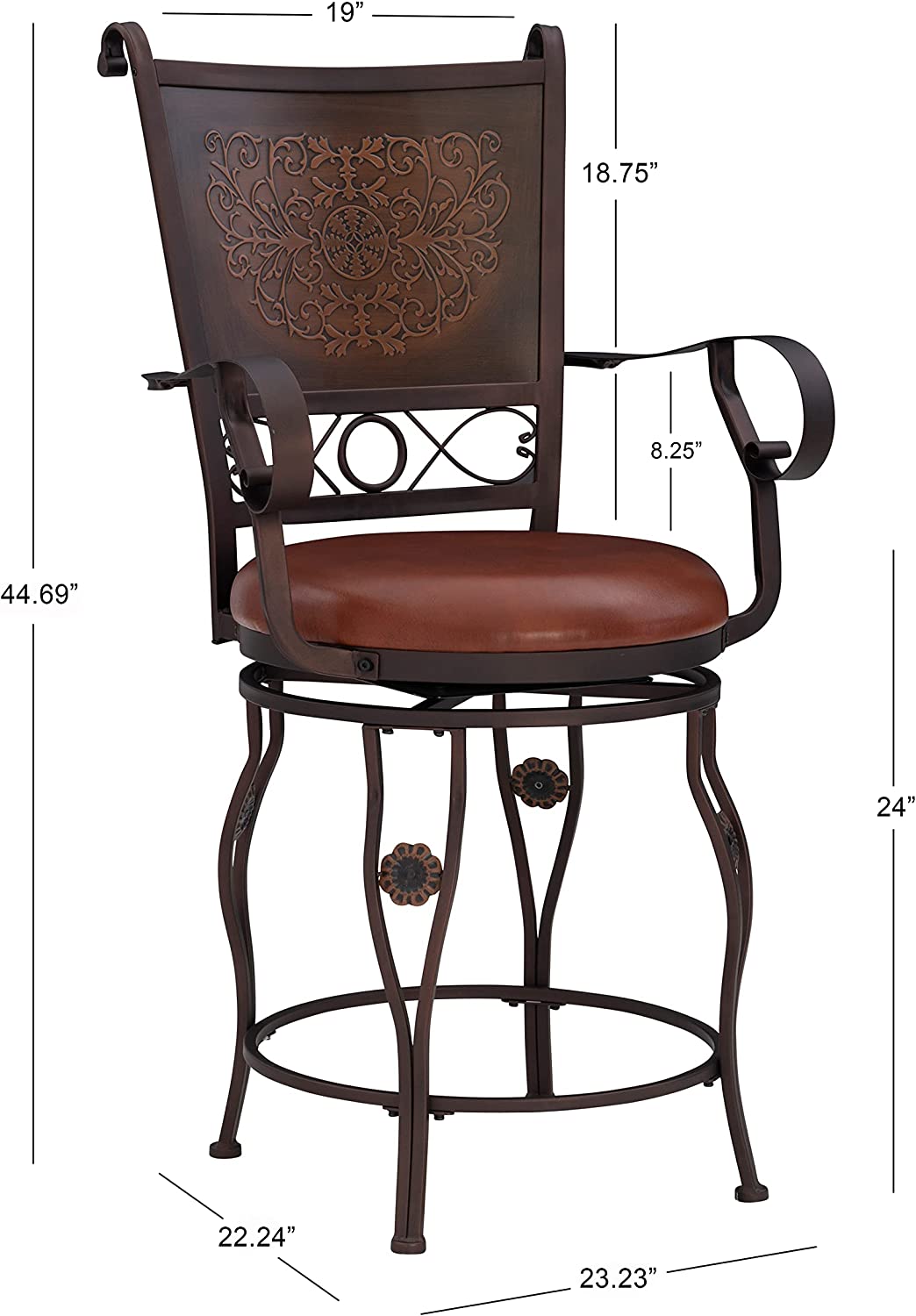 Powell Company Big &amp; Tall Copper Stamped Back Arms by Powell Big and Tall Counter Stool, 24&#34; Seat Height, brown