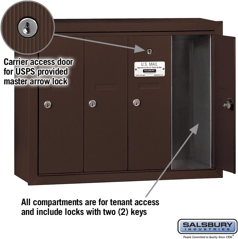 Salsbury Industries 3504ZSU Surface Mounted Vertical Mailbox with USPS Access and 4 Doors, Bronze