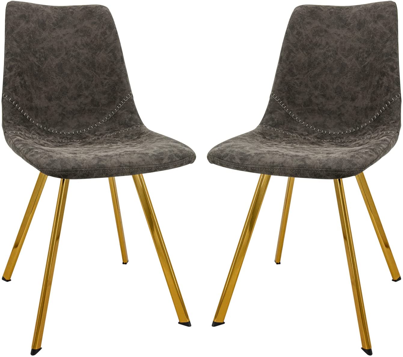 LeisureMod Markley Modern Leather Kitchen and Dining Chair with Gold Legs Set of 2, Grey