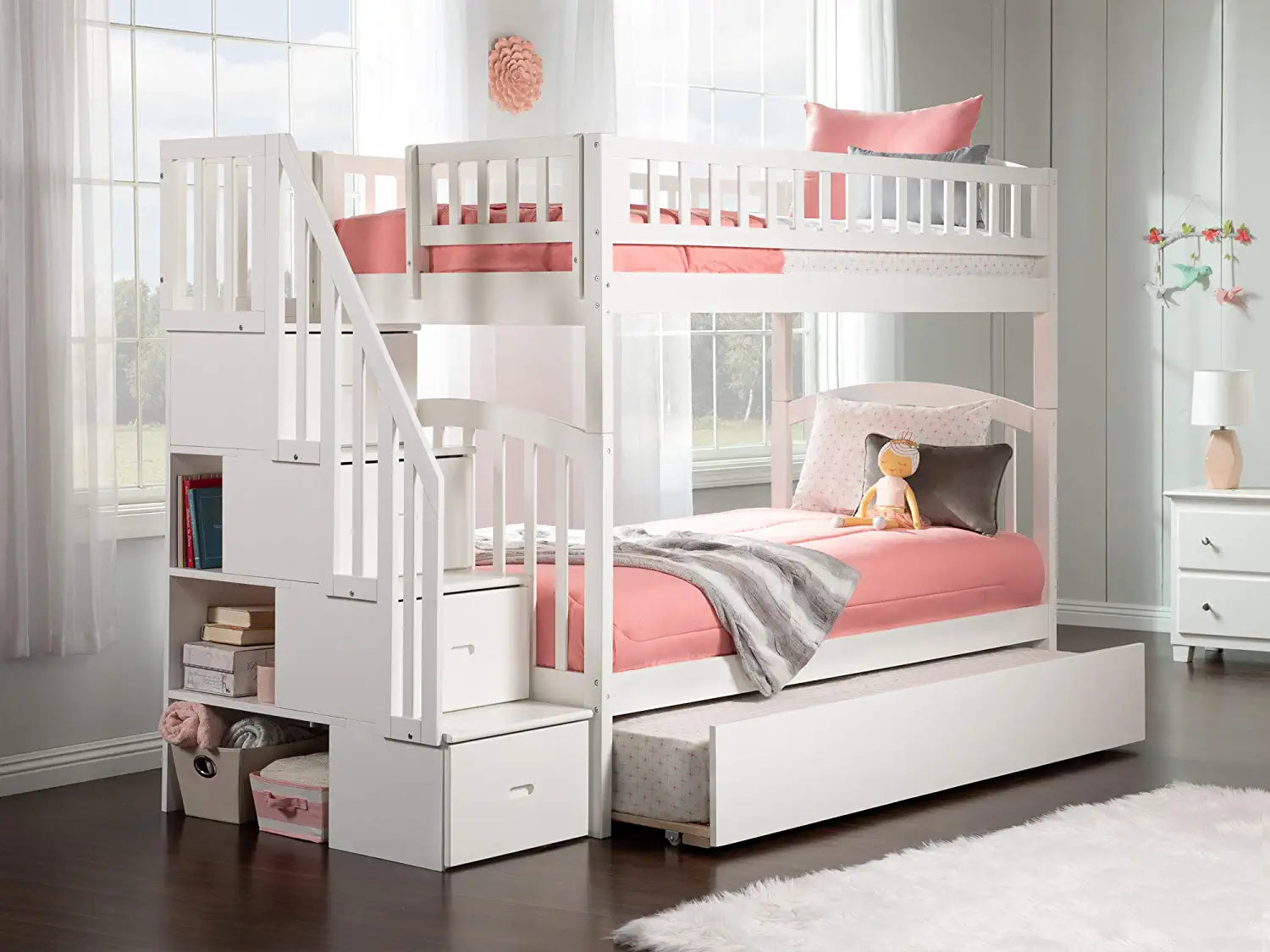 Westbrook Staircase Bunk Twin over Twin with Turbo Charger and Twin Size Urban Trundle in White