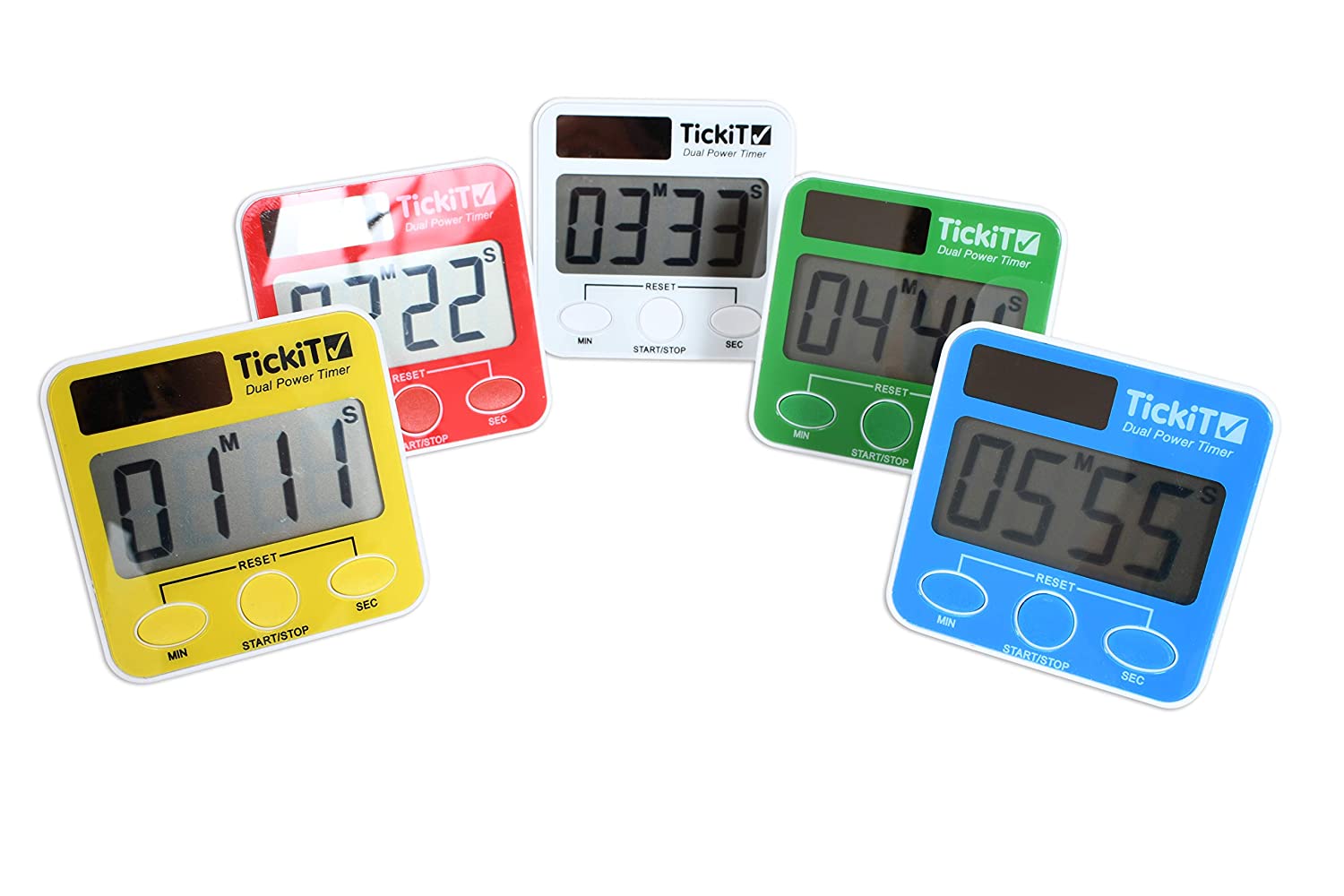 TickiT Dual Power Timers - Set of 5 - Red, Yellow, Green, Blue, White - Solar and Battery Powered Digital Timers - Includes Stand and Wall Mount Slot