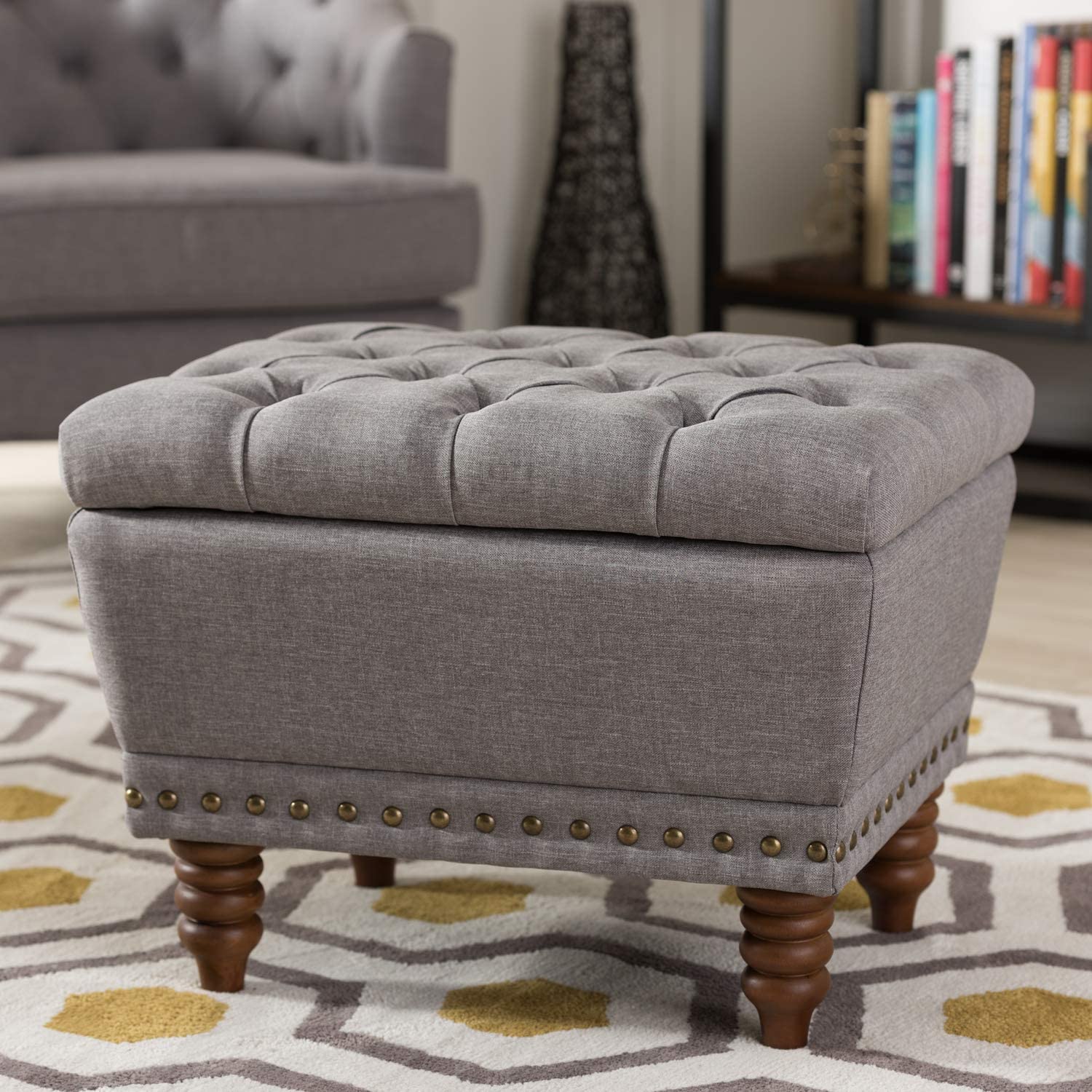 Baxton Studio Annabelle Tufted Storage Ottoman in Gray and Walnut