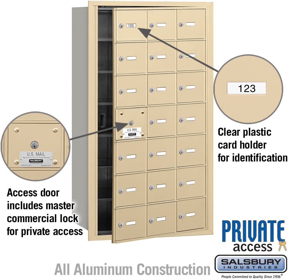 Salsbury Industries 3621SFP 4B Plus Horizontal Mailbox with Master Commercial Lock, 21 A Doors 20 Usable, Front Loading, Private Access, Sandstone