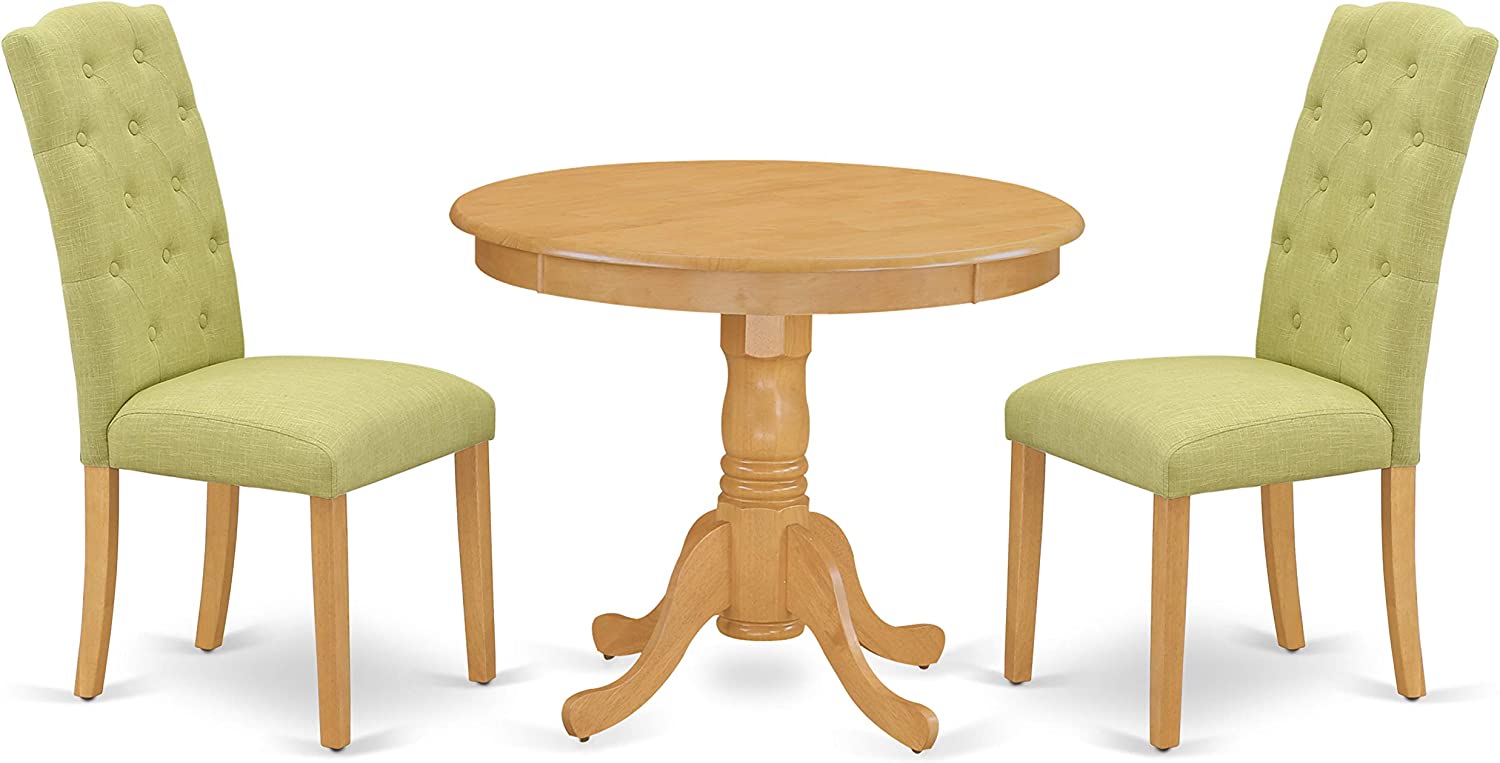 East West Furniture 5Pc Dining Set Includes a Small Round Dinette Table and Four Parson Chairs with Lime Green Fabric, Oak Finish