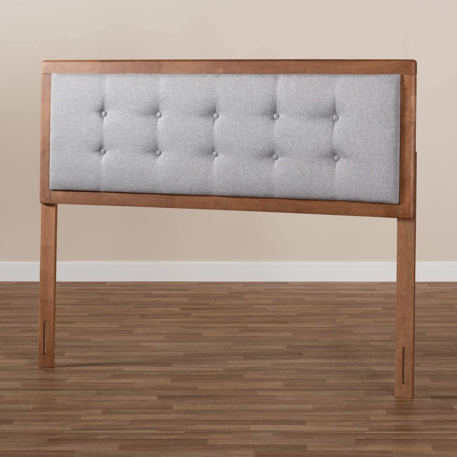 Baxton Studio Sarine Mid-Century Modern Light Grey Fabric Upholstered Walnut Brown Finished Wood Full Size Headboard