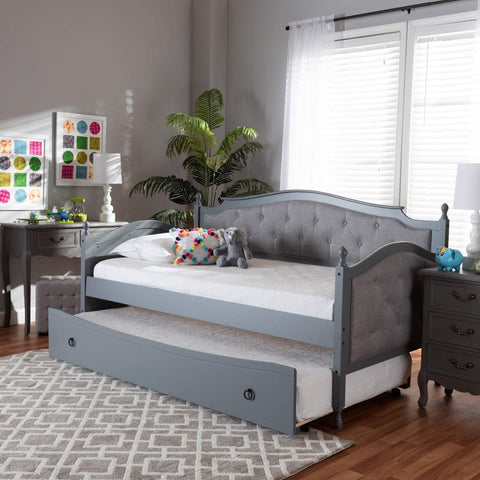 Baxton Studio Marlie Classic and Traditional Grey Fabric Upholstered Grey Finished Wood Twin Size Daybed with Trundle