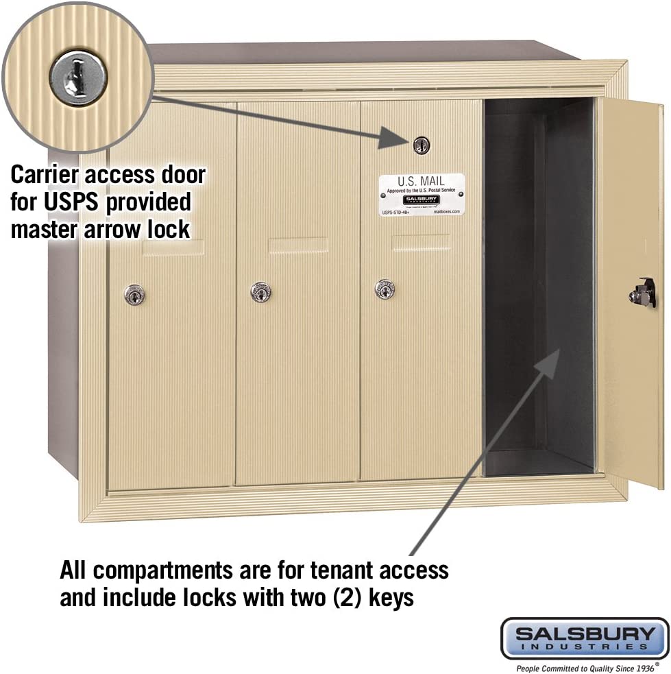 Salsbury Vertical Mailbox - 4 Doors - Sandstone - Recessed Mounted - USPS Access