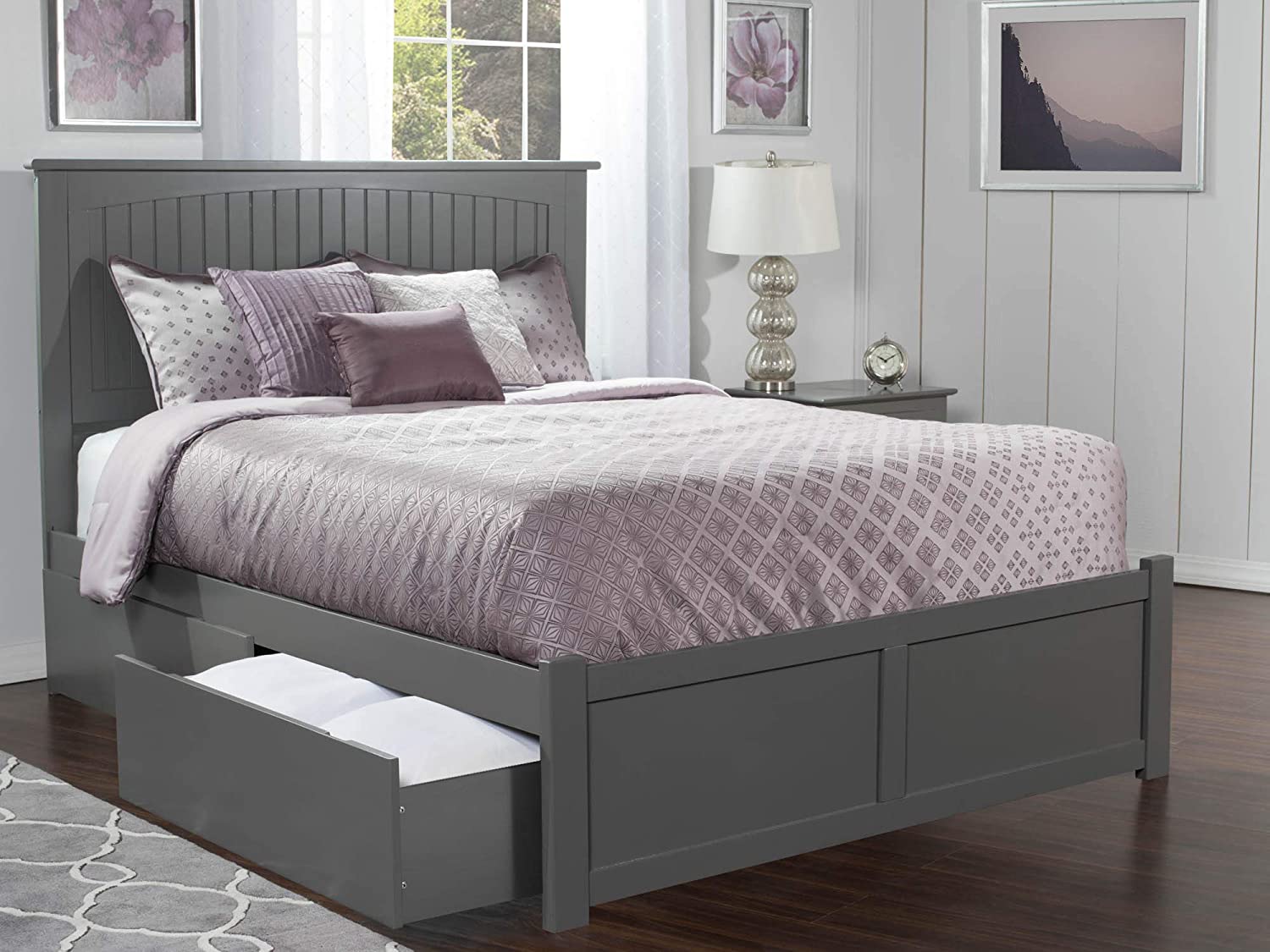 AFI Nantucket Platform Flat Panel Footboard and Turbo Charger with Urban Bed Drawers, King, Grey