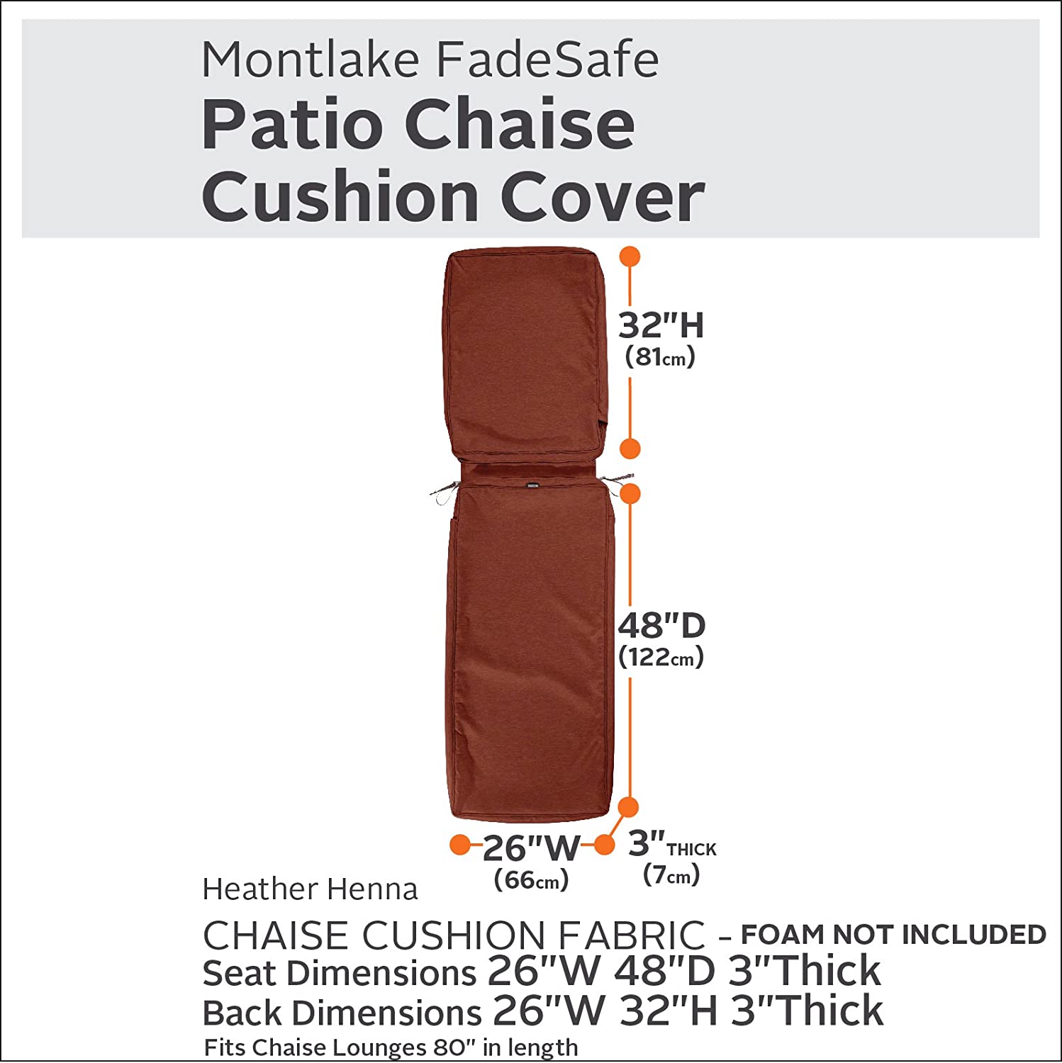 Classic Accessories Montlake Water-Resistant 80 x 26 x 3 Inch Outdoor Chaise Lounge Cushion Slip Cover, Patio Furniture Cushion Cover, Heather Henna Red