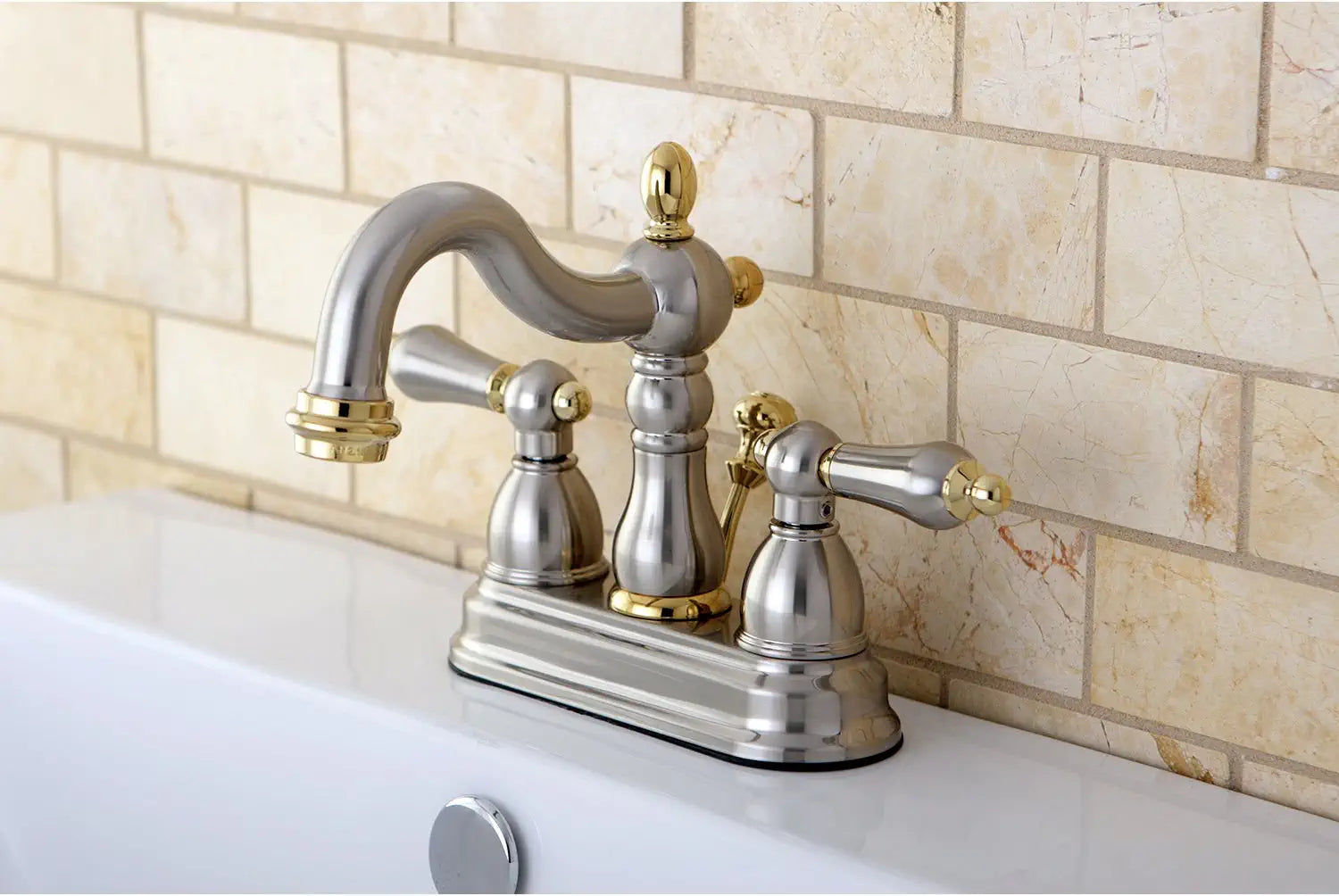 Kingston Brass KB1604AL Heritage 4-Inch Centerset Lavatory Faucet with Metal Lever Handle, Polished Chrome and Polished Brass