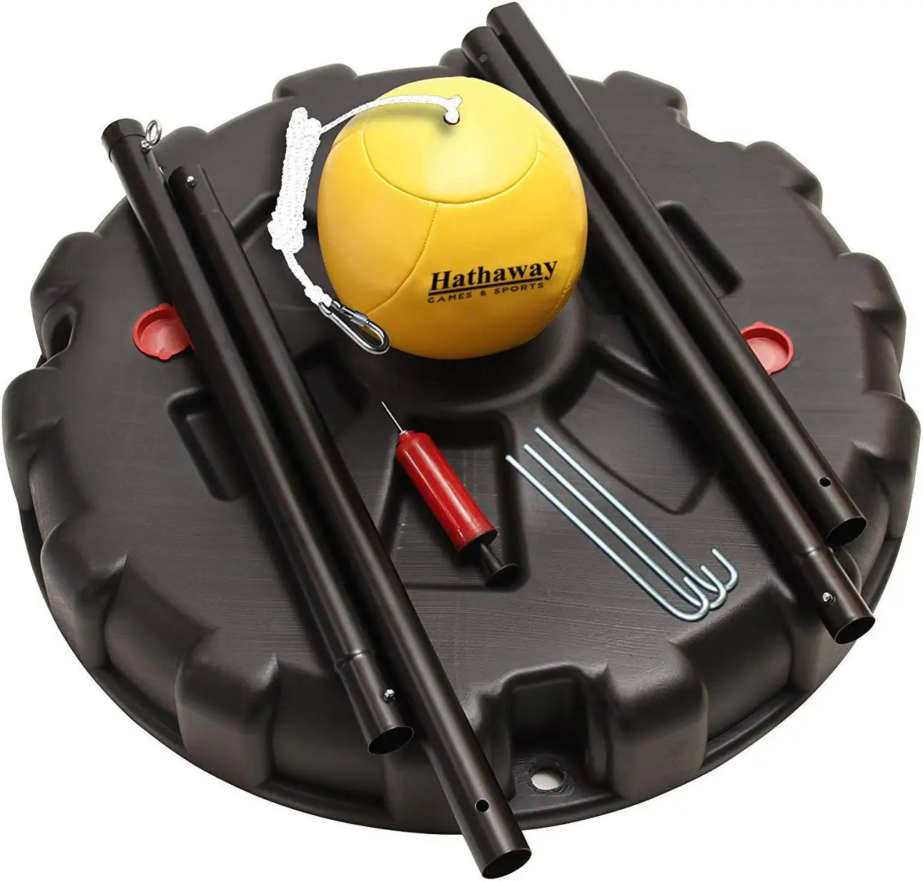 Hathaway Tetherball Set with Fillable Base & Durable Ball – Weather-Resistant Backyard Game for Kids & Adults – Black/Yellow