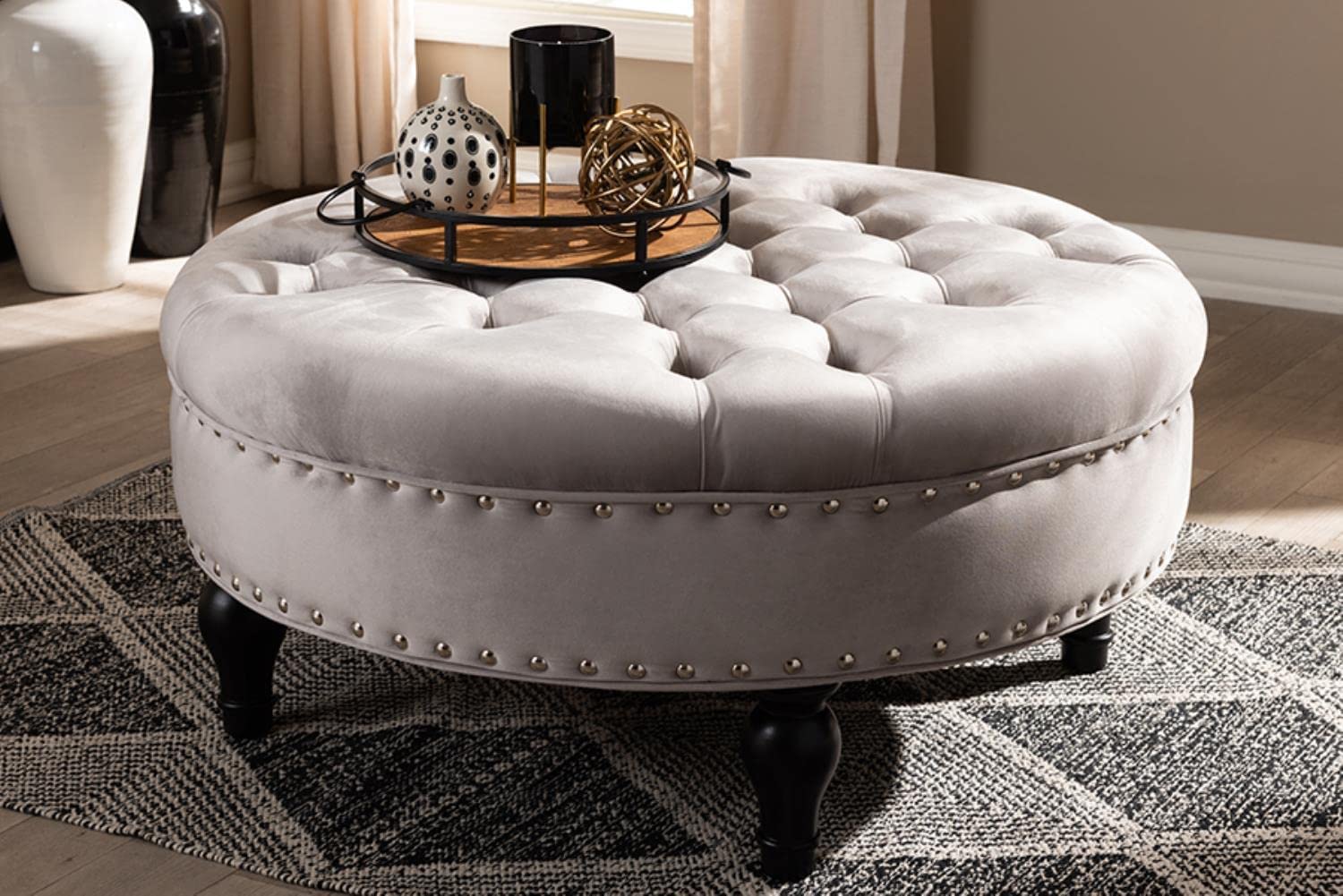 Baxton Studio Palfrey Transitional Gray Velvet Fabric Upholstered Button Tufted Cocktail Ottoman