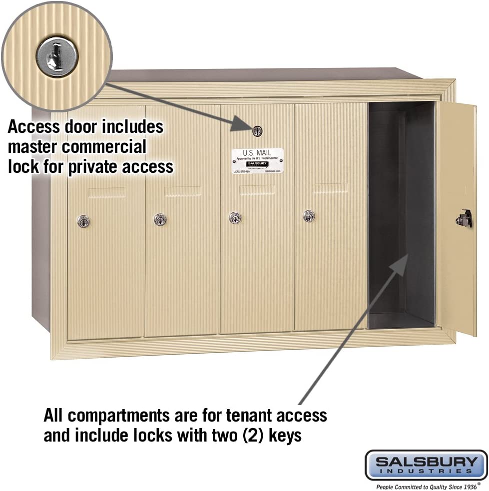 Salsbury Industries 3505SRP Recessed Mounted Vertical Mailbox with Master Commercial Lock, Private Access and 5 Doors, Sandstone