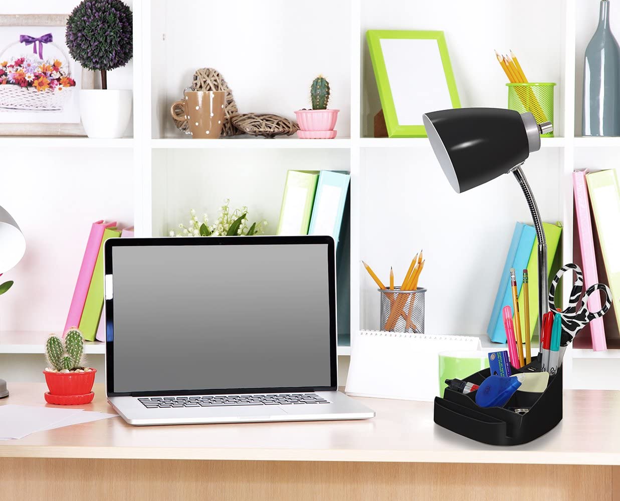 Limelights LD1056-WHT iPad Tablet Stand Book, White Gooseneck Organizer Desk Lamp with Holder and USB Port