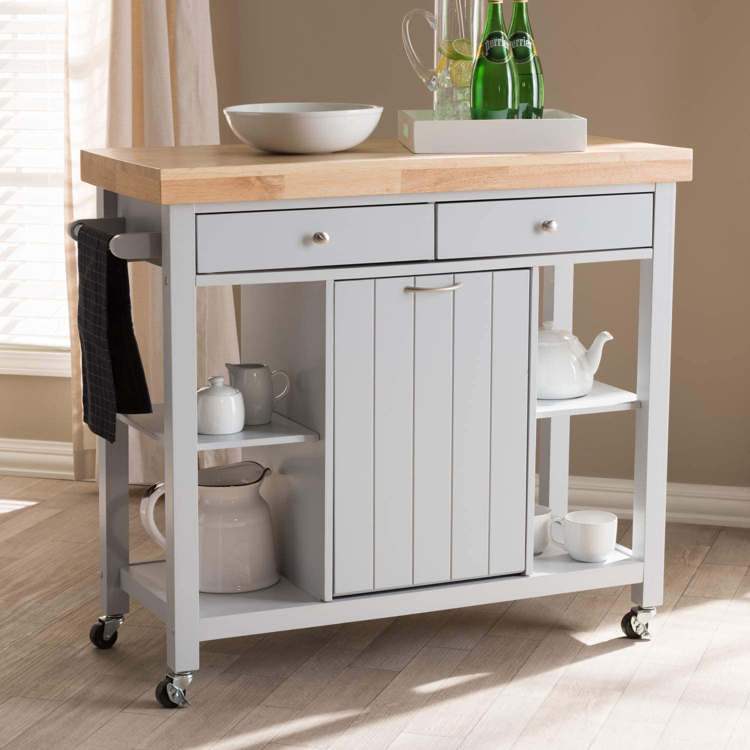 Baxton Studio Hayward Coastal and Farmhouse Light Grey Wood Kitchen Cart