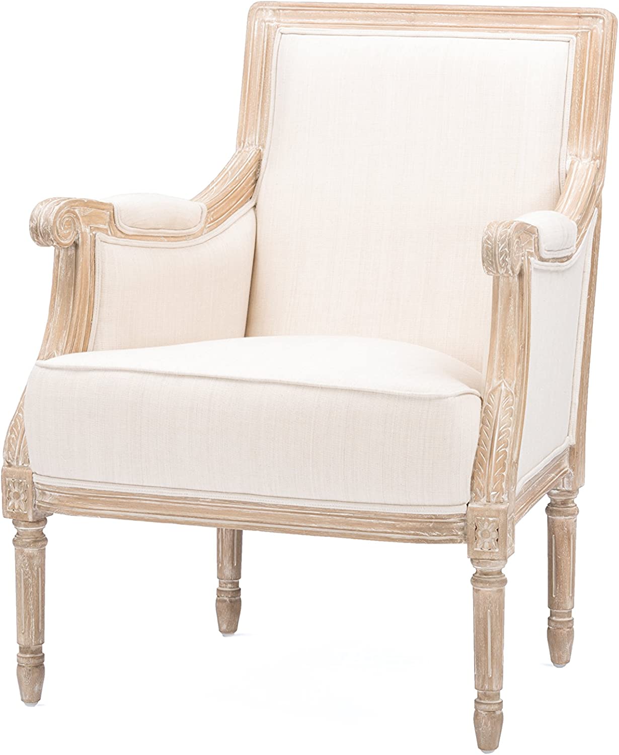 Baxton Studio Chavanon Wood and Linen Traditional French Accent Chair, Light Beige