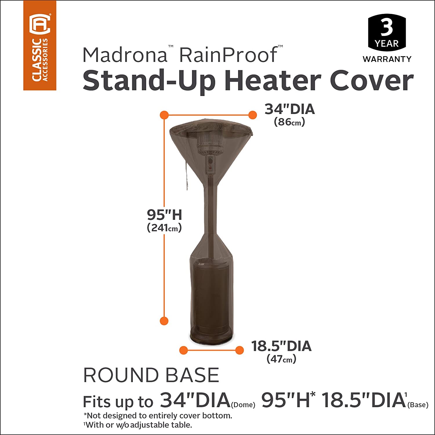 Classic Accessories 55-737-016601-RT Madrona Rainproof 34 Inch Stand Patio Heater Cover, Dark Cocoa