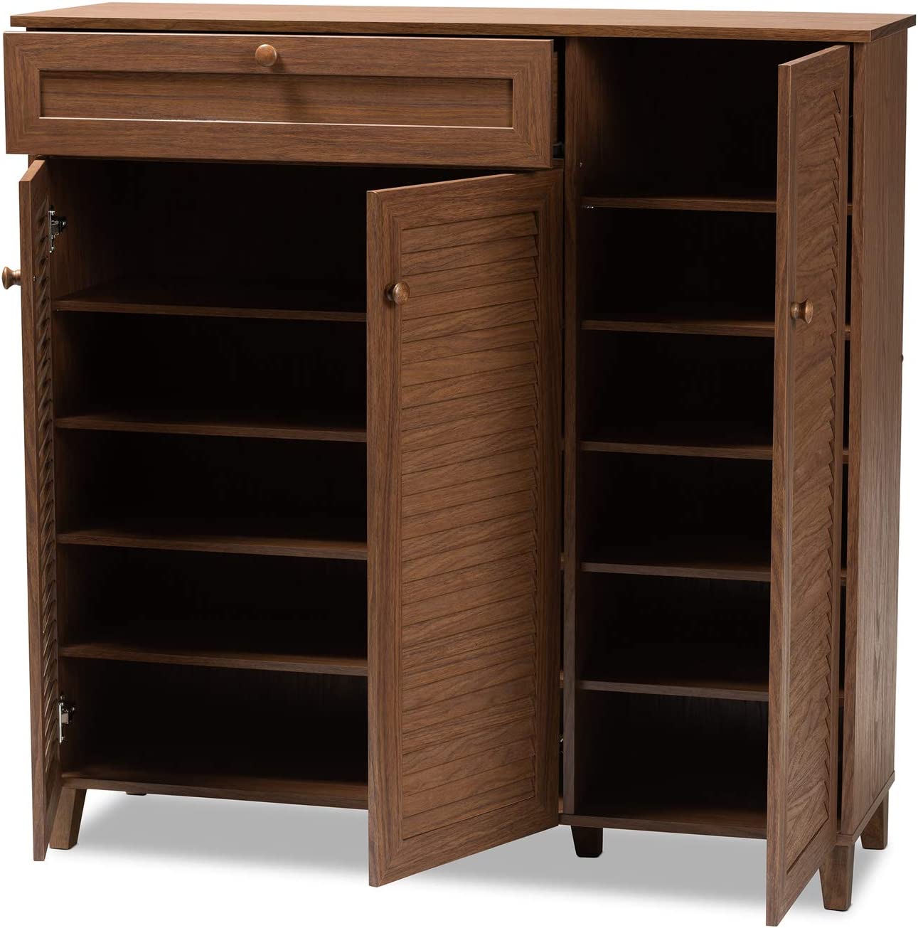 Baxton Studio Coolidge Modern and Contemporary Walnut Finished 11-Shelf Wood Shoe Storage Cabinet with Drawer