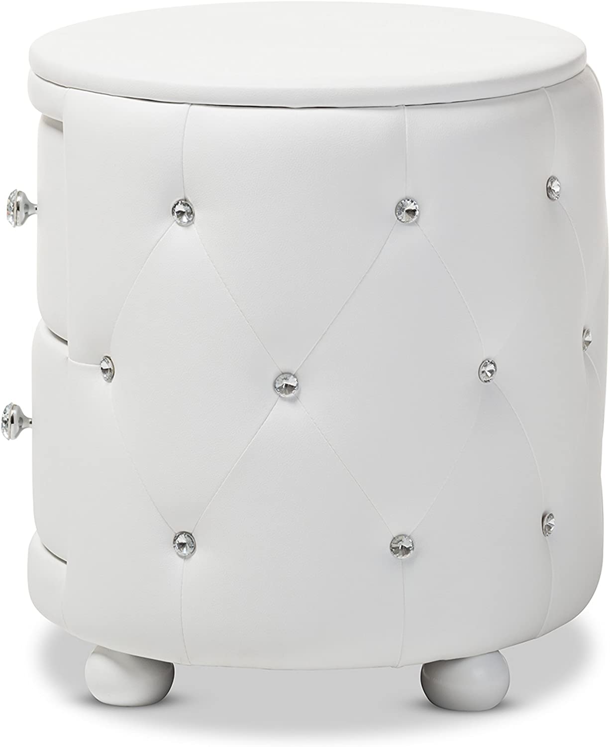 Baxton Studio Davina Hollywood Glamour Style Oval 2-Drawer Faux Leather Upholstered Nightstand, Medium, White