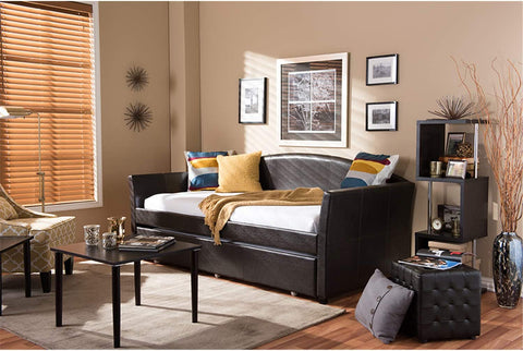 Baxton Studio London Modern and Contemporary Brown Faux Leather Arched Back Sofa Twin Daybed with Roll-Out Trundle Guest Bed Brown