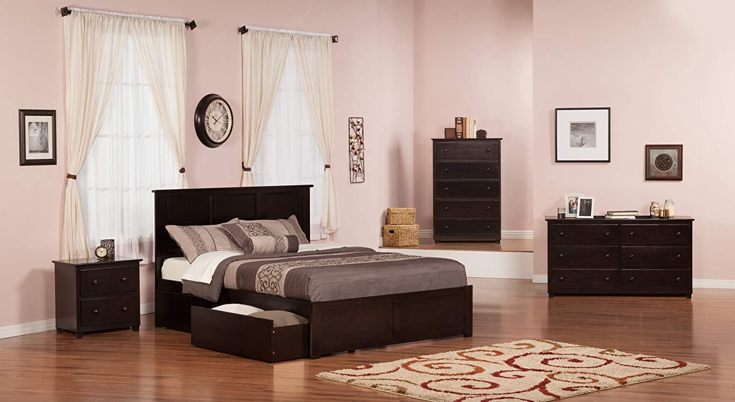 Atlantic Furniture Madison King Platform Bed with Flat Panel Foot Board and 2 Urban Bed Drawers in Espresso Espresso/King