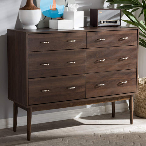 Baxton Studio DISA Mid-Century Modern Walnut Brown Finished 6-Drawer Dresser/Mid-Century/Brown/Medium Wood/Particle Board/MDF