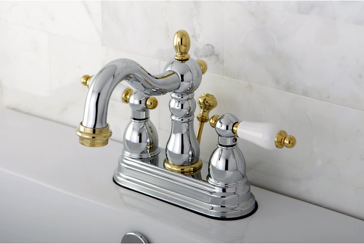 Kingston Brass KB1604PL Heritage 4-Inch Centerset Lavatory Faucet with Porcelain Lever Handle, Polished Chrome and Polished Brass