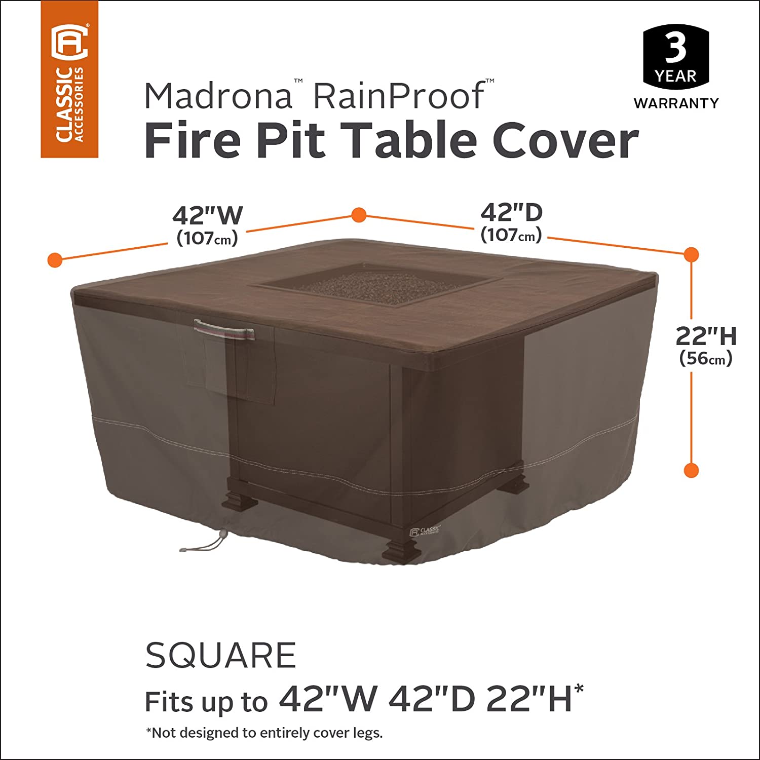 Classic Accessories Madrona Waterproof 42 Inch Square Fire Pit Table Cover