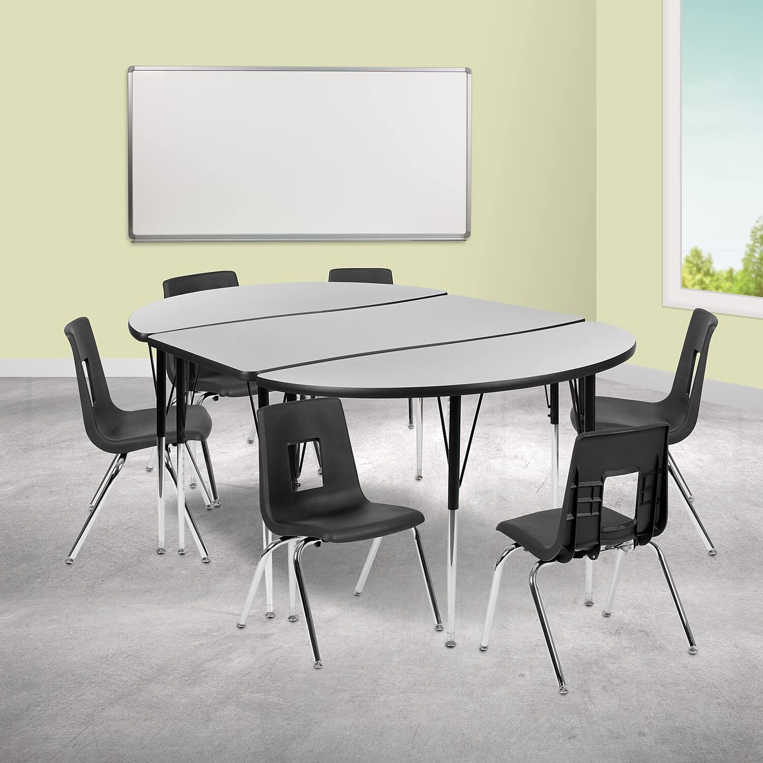 Flash Furniture 76&#34; Oval Wave Flexible Laminate Activity Table Set with 16&#34; Student Stack Chairs, Grey/Black
