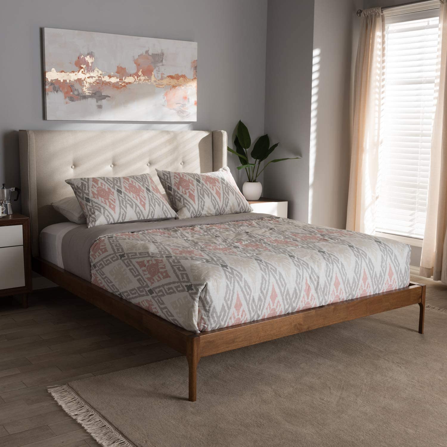 Baxton Studio Brooklyn Mid-Century Modern Walnut Wood Beige Fabric Full Size Platform Bed/Light Beige/Mid-Century/Fabric Polyester 100%&#34;/MDF/LVL/Rubber Wood/Foam