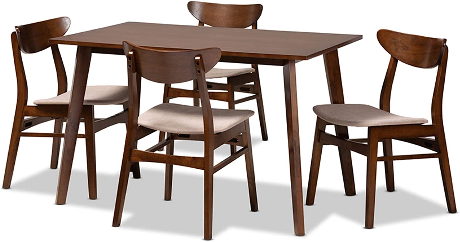 Baxton Studio Orion Mid-Century Modern Transitional Light Beige Fabric Upholstered and Walnut Brown Finished Wood 5-Piece Dining Set