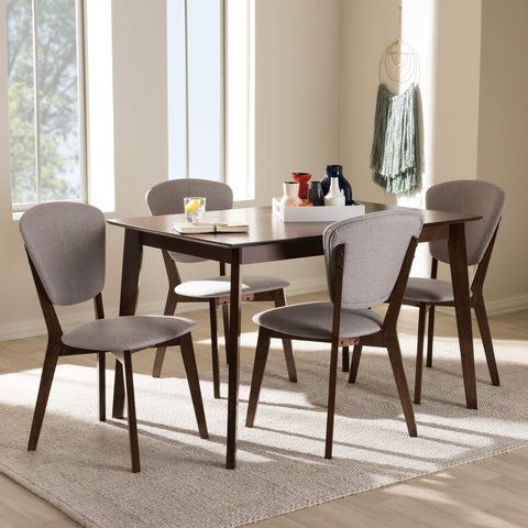 Baxton Studio Tarelle Mid-Century Modern Walnut-Finished Light Grey Fabric Upholstered 5-Piece Dining Set Grey//Medium Wood/Mid-Century/Table/Fabric Polyester 100%&#34;/Rubber Wood/Foam