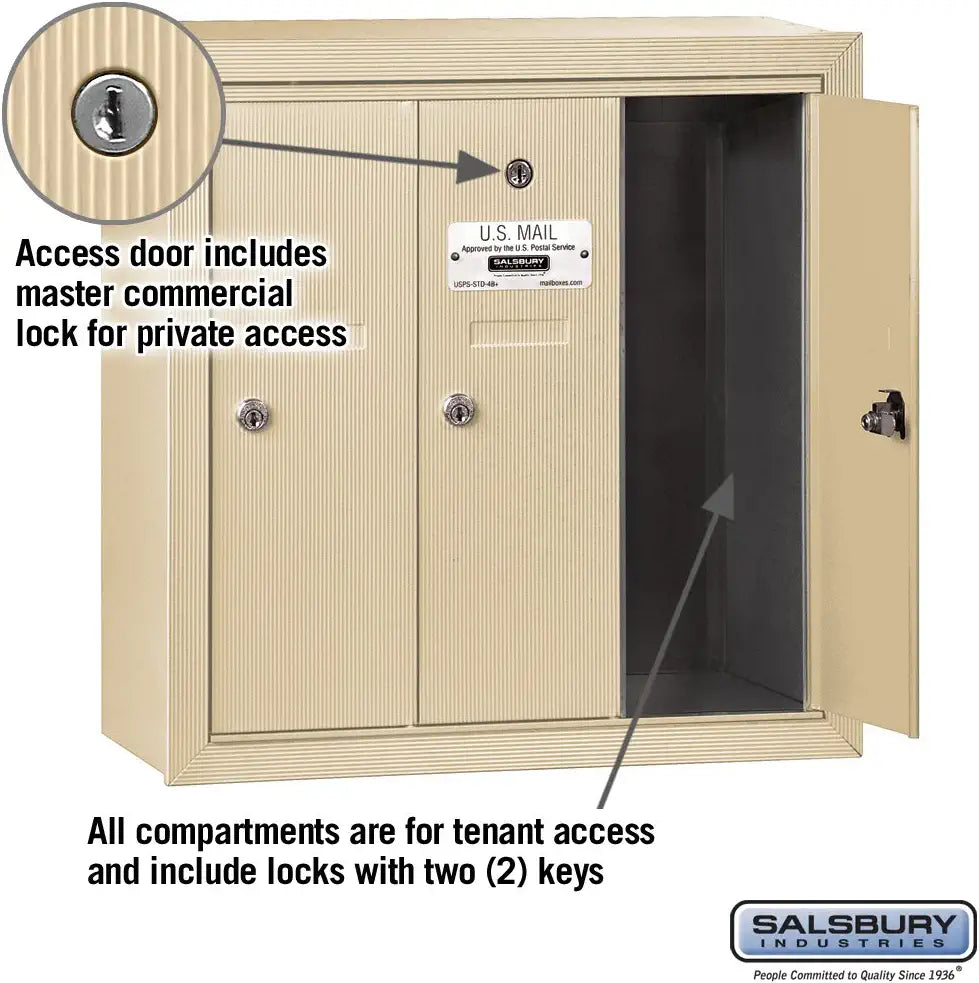 Salsbury Industries 3503SSP Surface Mounted Vertical Mailbox with Master Commercial Lock, Private Access and 3 Doors, Sandstone