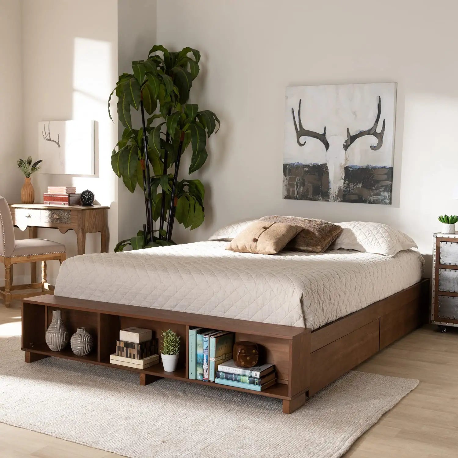 Baxton Studio Arthur Modern Rustic Ash Walnut Brown Finished Wood King Size Platform Bed with Built-in Shelves