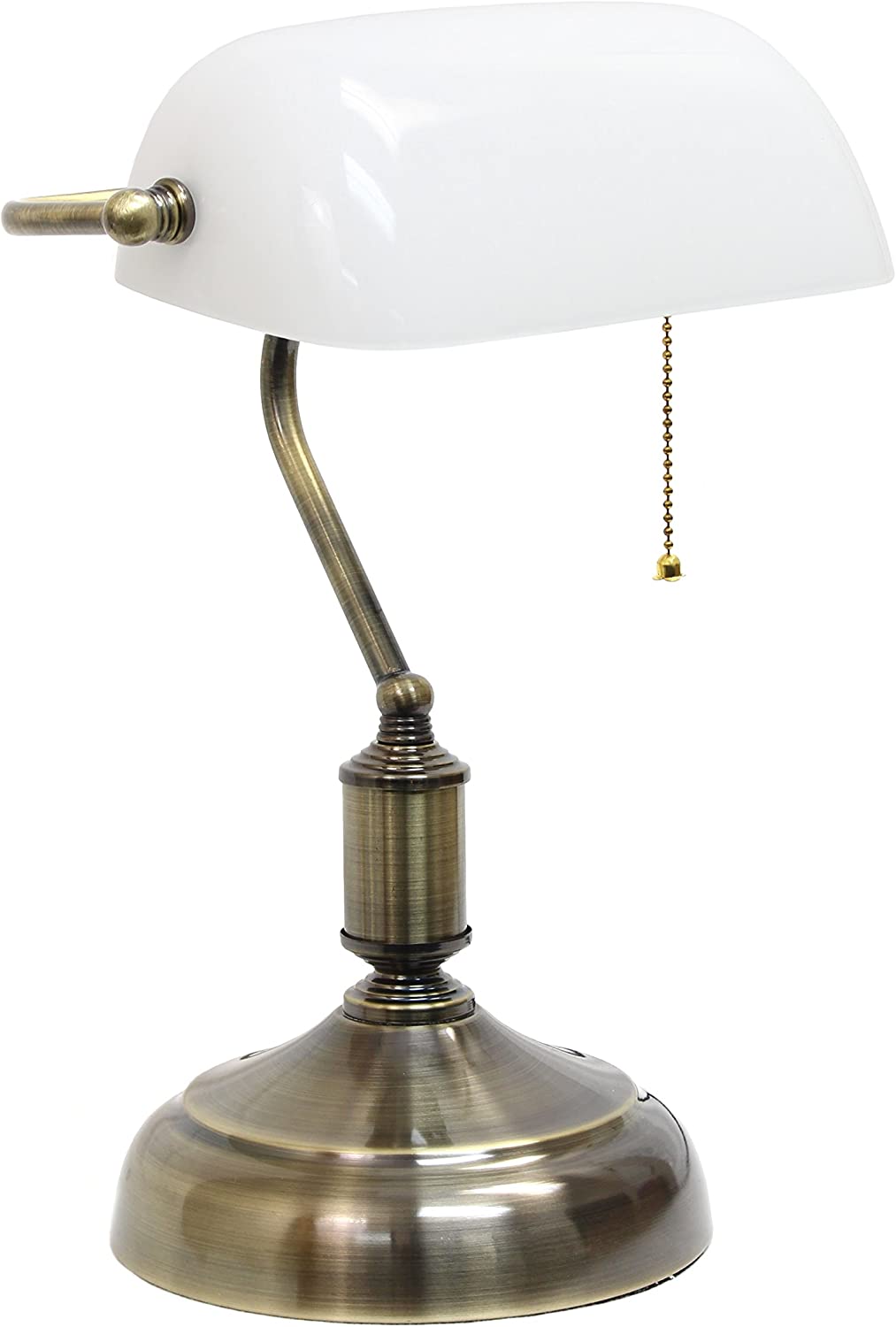Simple Designs LT3216-WHT Executive Banker's Glass Shade, Desk Lamp, Antique Nickel/White