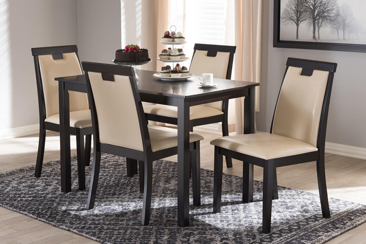 Baxton Studio Evelyn Modern and Contemporary Beige Faux Leather Upholstered and Dark Brown Finished 5-Piece Dining Set Beige//Medium Wood/Contemporary/Table/Faux Leather/Solid Rubber Wood/Foam