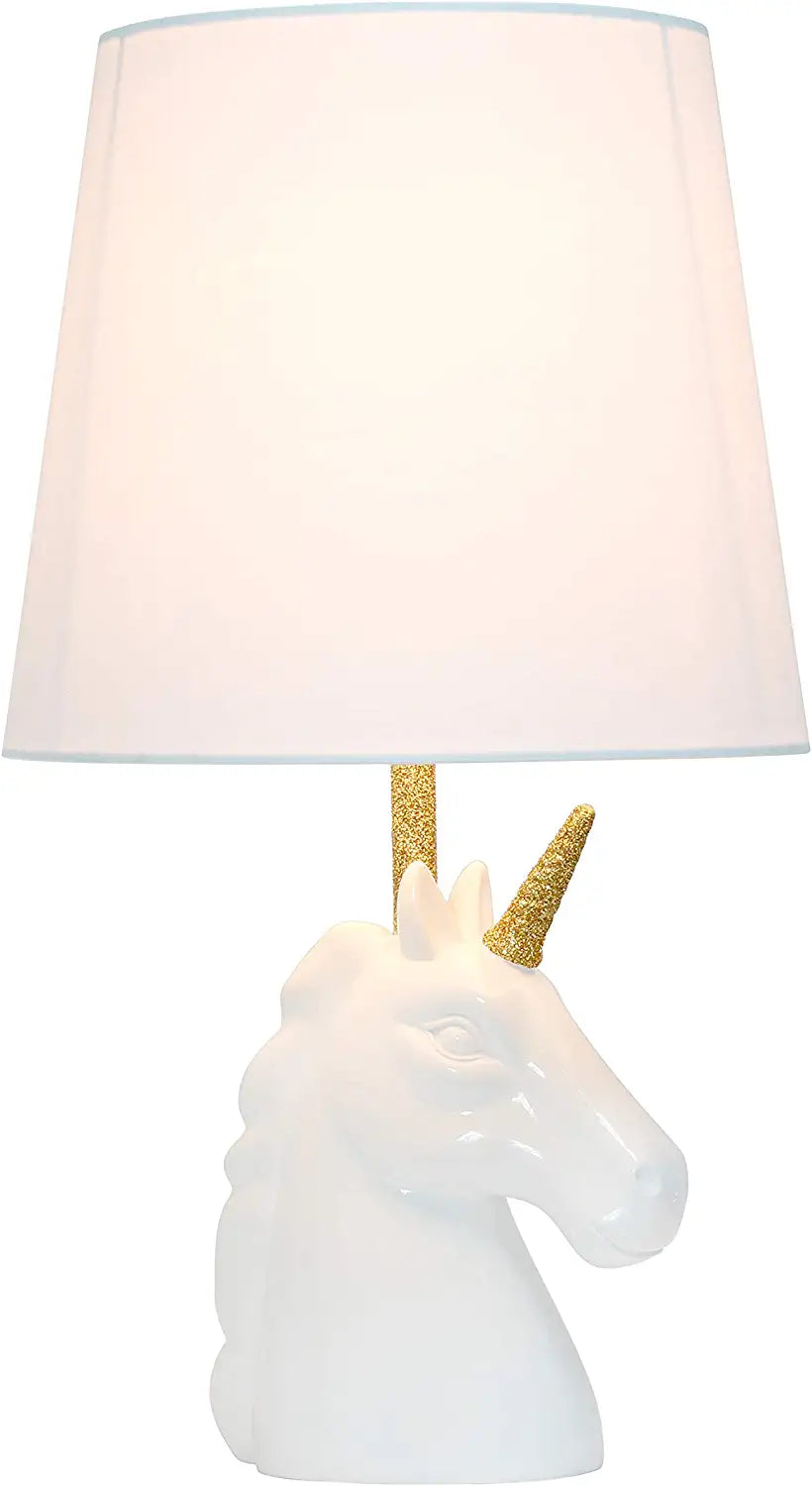 Simple Designs LT1078-WHT Sparkling Matte Gold Glitter Unicorn Table Lamp, White