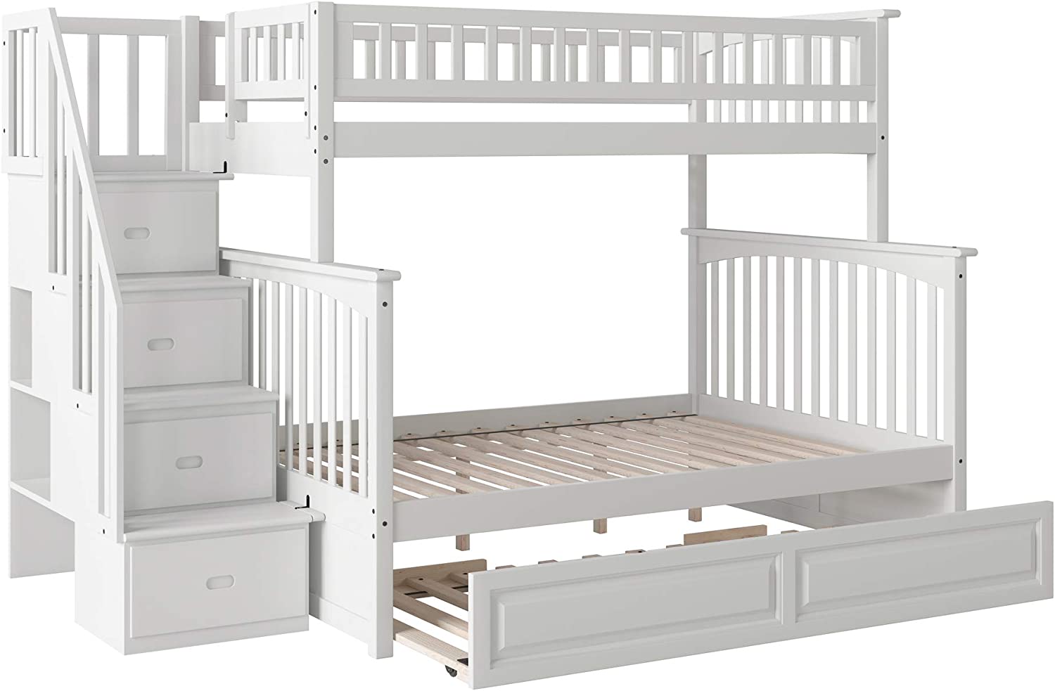 AFI Columbia Staircase Bunk with Turbo Charger and Twin Size Raised Panel Trundle, Full, White