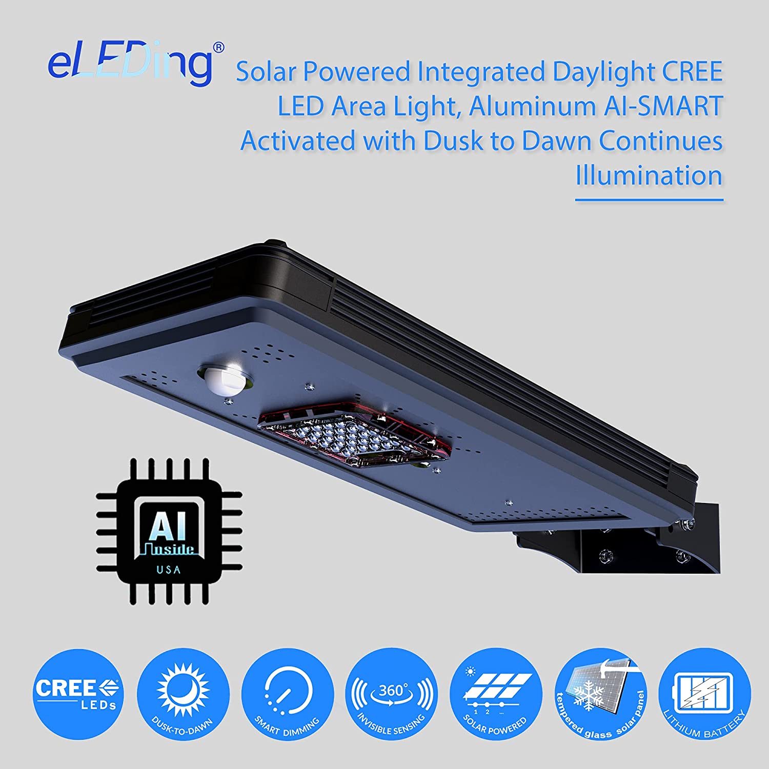 Solar Power Dusk to Dawn Black Aluminum Outdoor Integrated LED AI-Smart Sensing 1600 Lumens CREE Area Path Parking Light