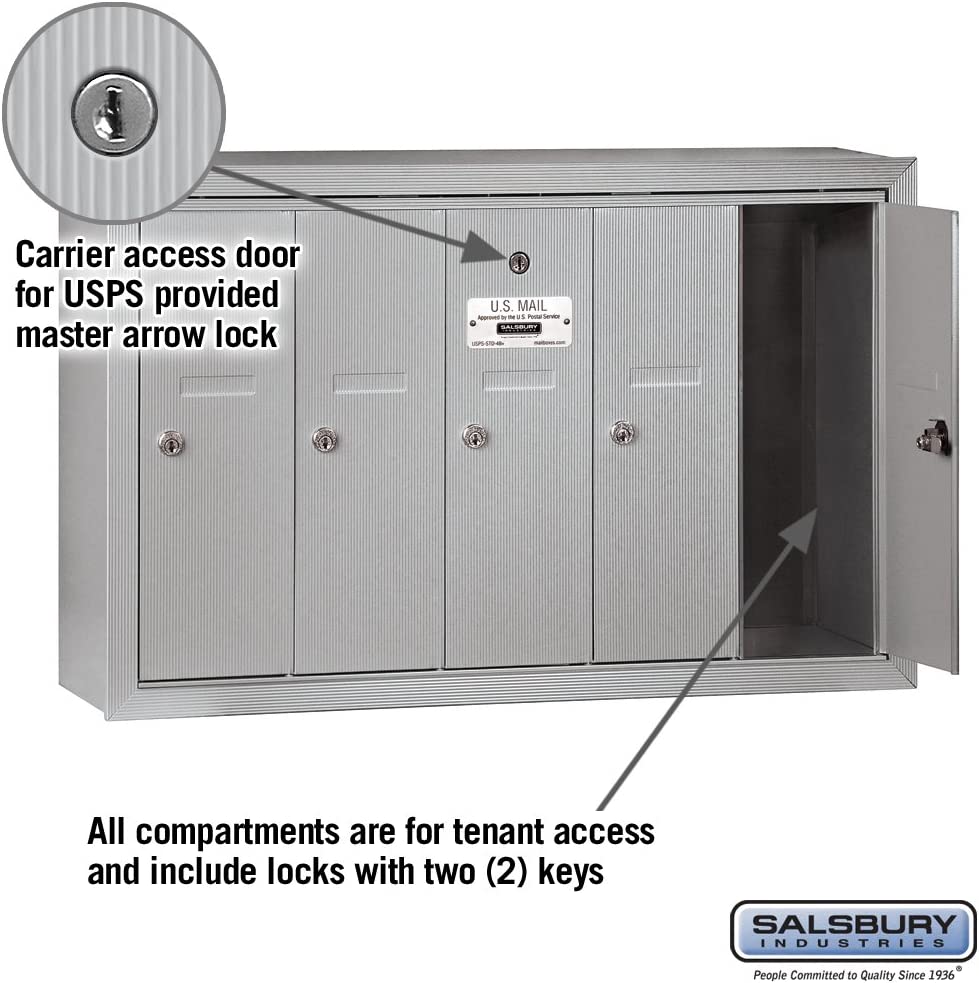 Salsbury Industries 3505ZSU Surface Mounted Vertical Mailbox with USPS Access and 5 Doors, Bronze