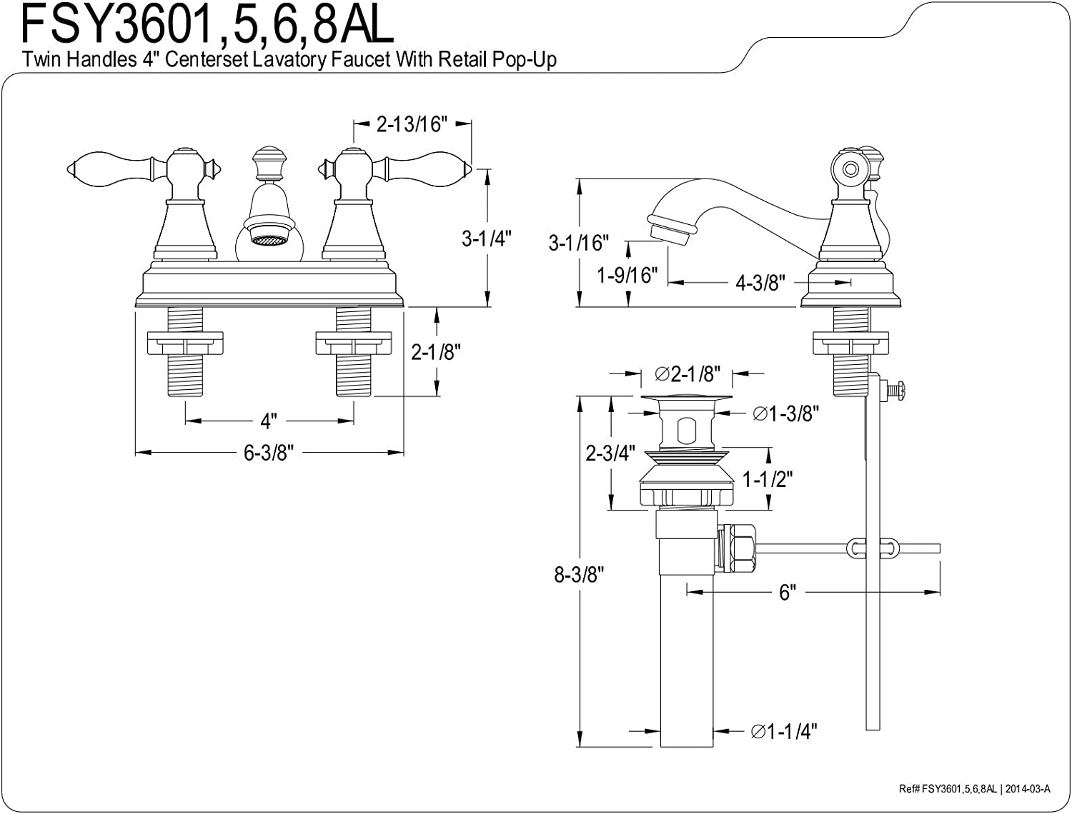 Kingston Brass FSY3606AL English Classic Two Handle 4-inch Centerset Lavatory Faucet, Naples Bronze