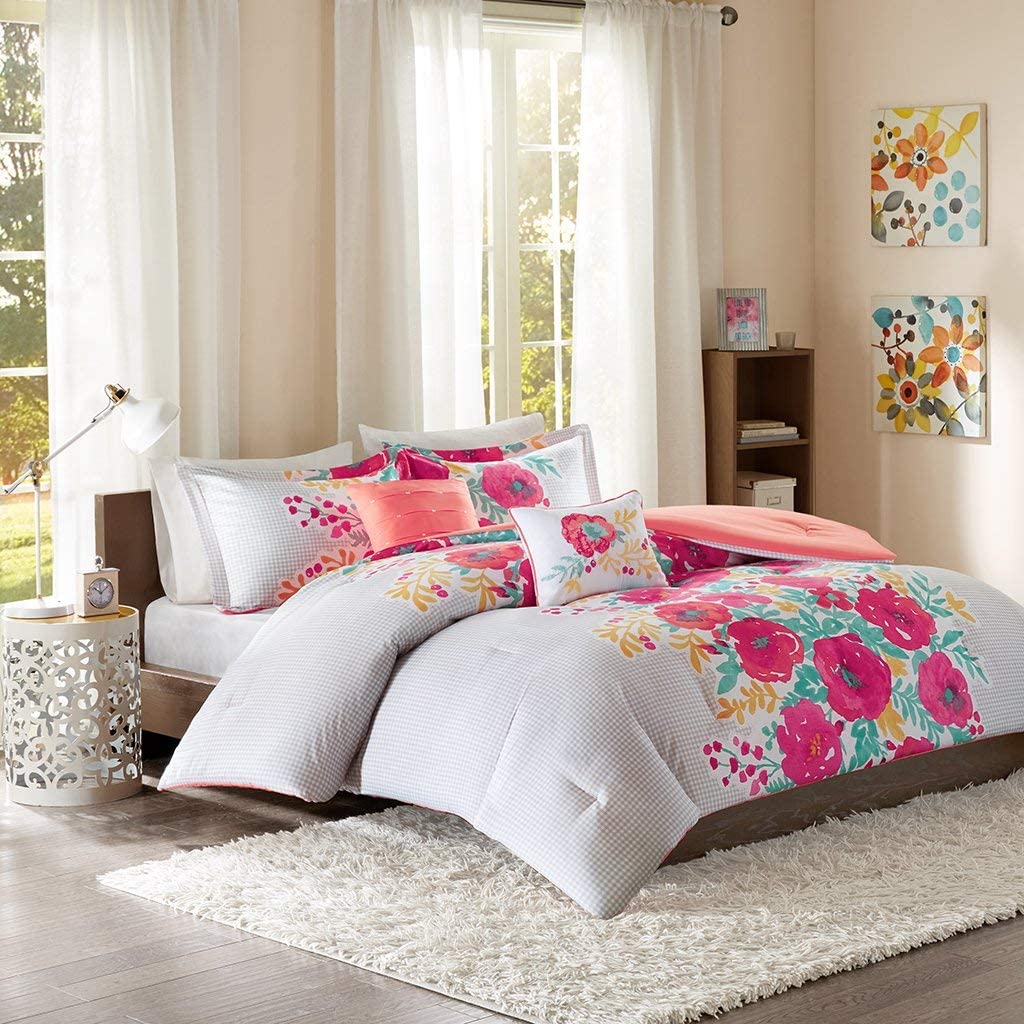 Intelligent Design Elodie Comforter Set Full/Queen Size - Coral, Pink, Grey, Floral ‚Äì 5 Piece Bed Sets ‚Äì Ultra Soft Microfiber Teen Bedding for Girls Bedroom