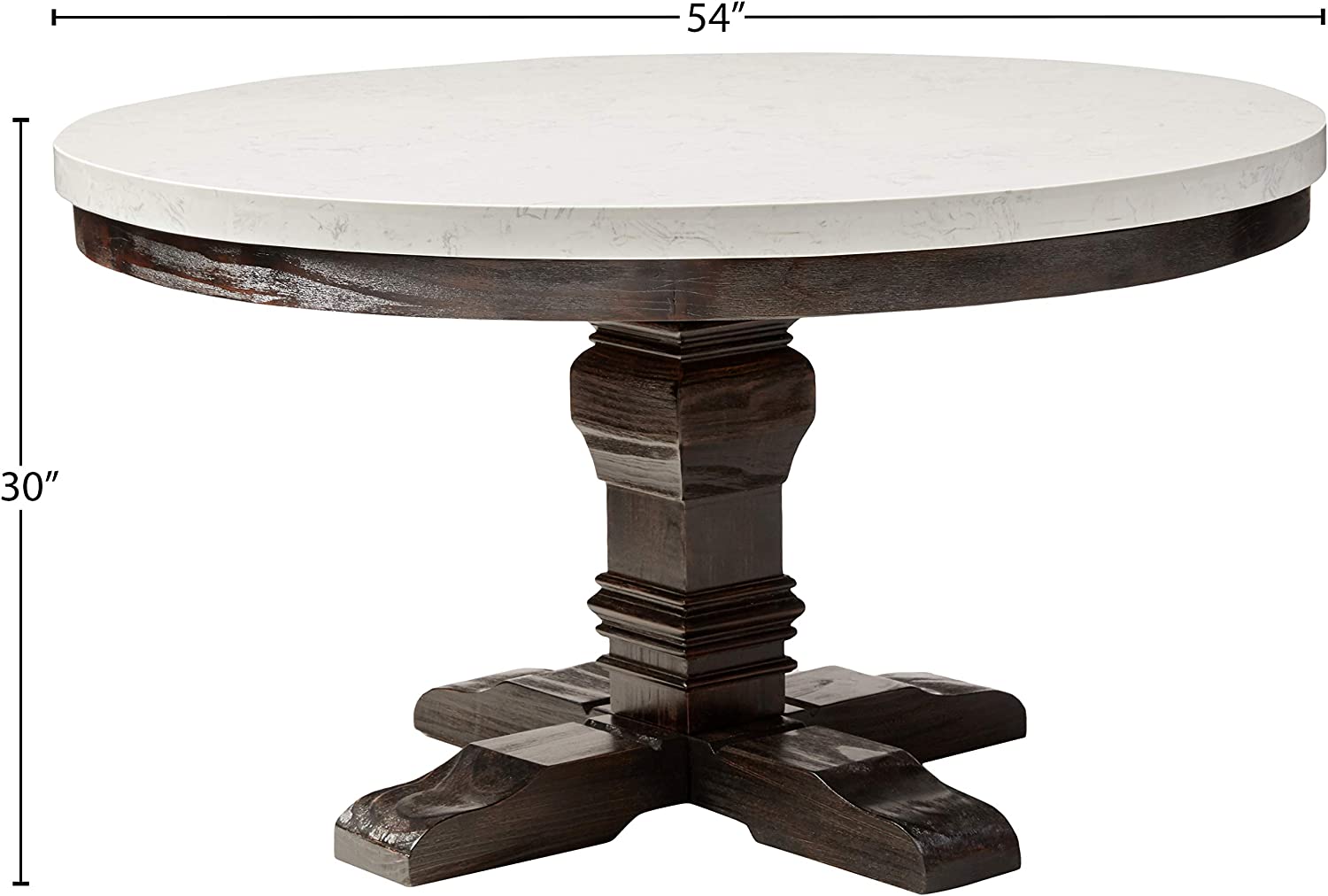 ACME Nolan Dining Table w/Pedestal - - White Marble &amp; Salvage Dark Oak