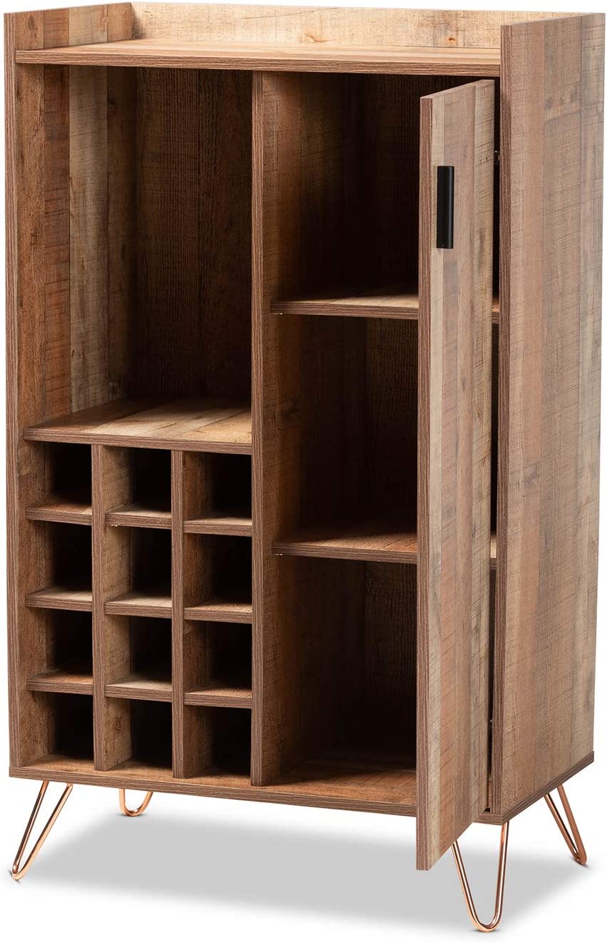 Baxton Studio Mathis Modern and Contemporary Rustic Brown Finished Wood and Rose Gold Finished Metal Wine Storage Cabinet