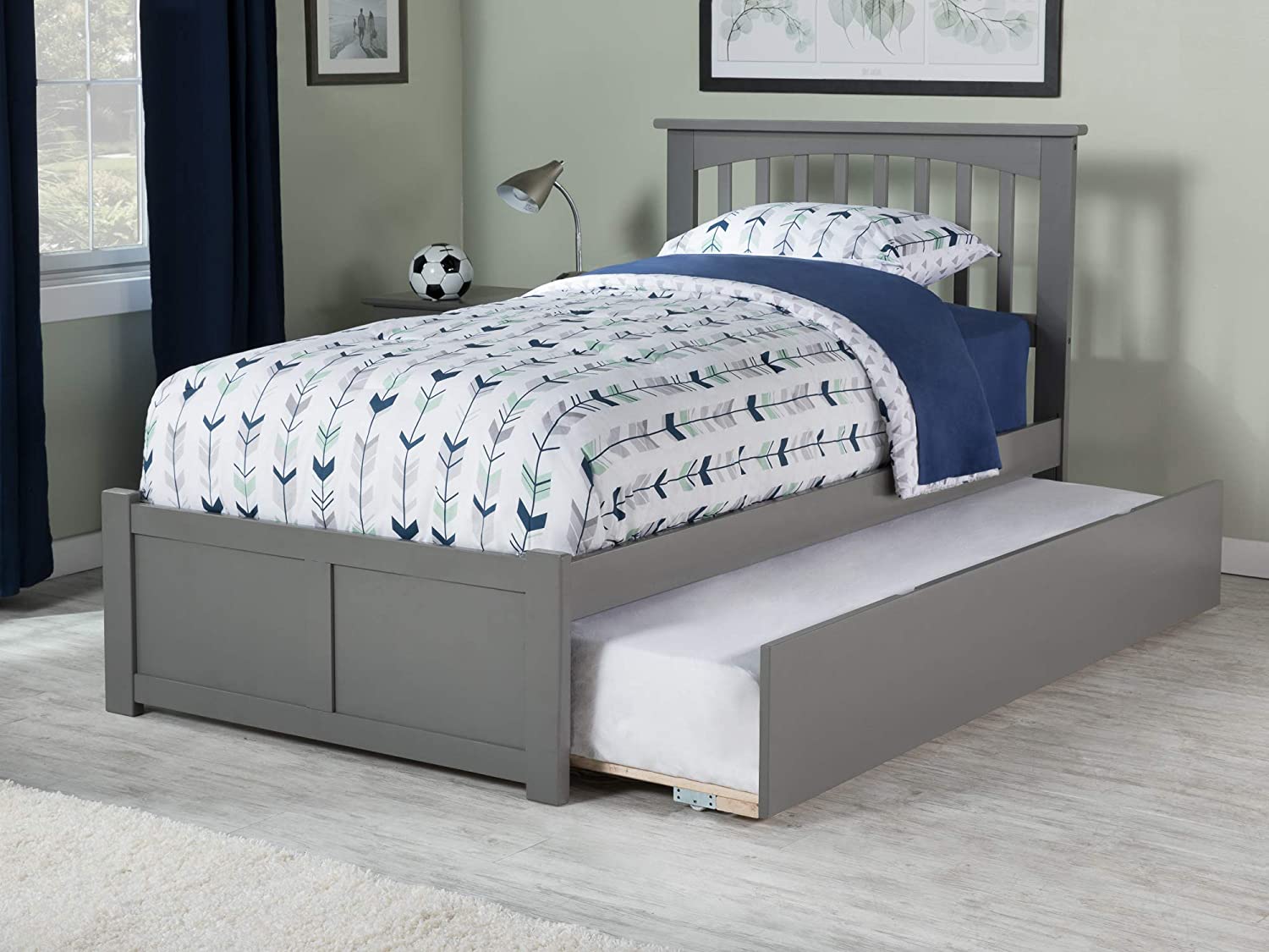 AFI Mission Platform Bed with Footboard and Turbo Charger with Twin Extra Long Trundle, XL, Grey