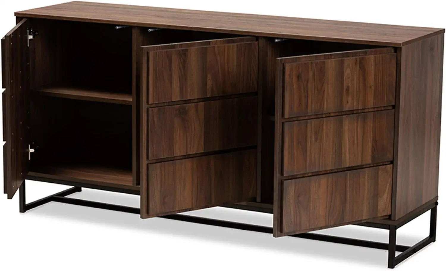 Baxton Studio Neil Modern and Contemporary Walnut Brown Finished Wood and Black Finished Metal 3-Door Dining Room Sideboard Buffet