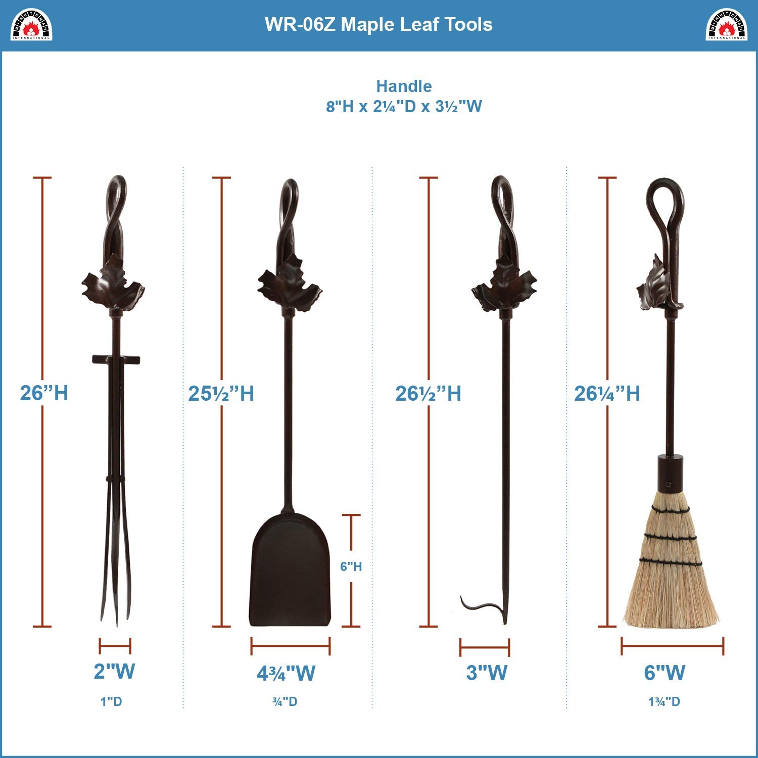 Minuteman International Maple Leaf 5-piece Wrought Iron Fireplace Tool Set, Roman Bronze