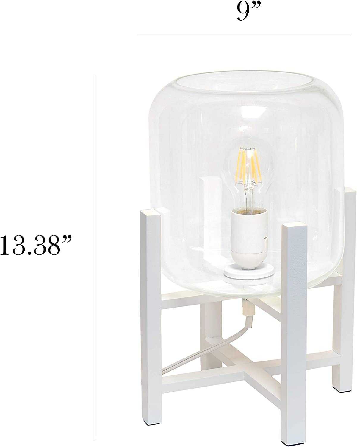 Simple Designs LT1068-WHT Wood Mounted Glass Cylinder Shade Table Lamp, White/Clear